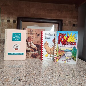 Cookbook, Sold as a set of 4 different spiral cookbooks, Junior League, Norwegian, RV cooking and more, vintage 1970-1980