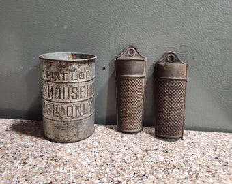 Primitive Kitchen - 1 pint measure and 2 graters, sold as set old kitchen items