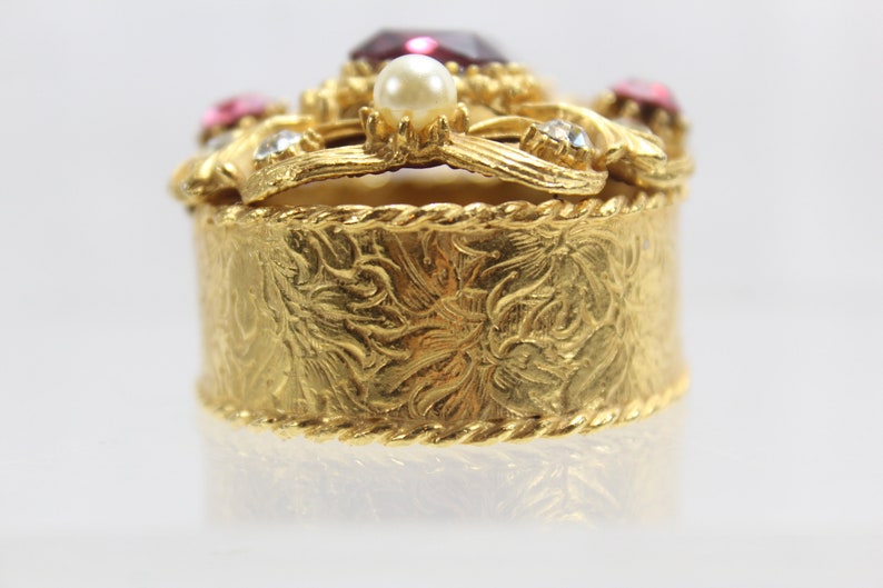 Pink Florenza Trinket box with Purple White stones Gold tone metal Hollywood Regency Style Covered Trinket Box