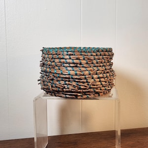 Pine Needle Basket, Unique colorful folk-art basket woven with pine needles, Bundles coiled with ribbon