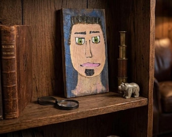 Painting Folk art artist signed, Call me Bob, original Funky art on wood, 6 1/4 x 3 1/4