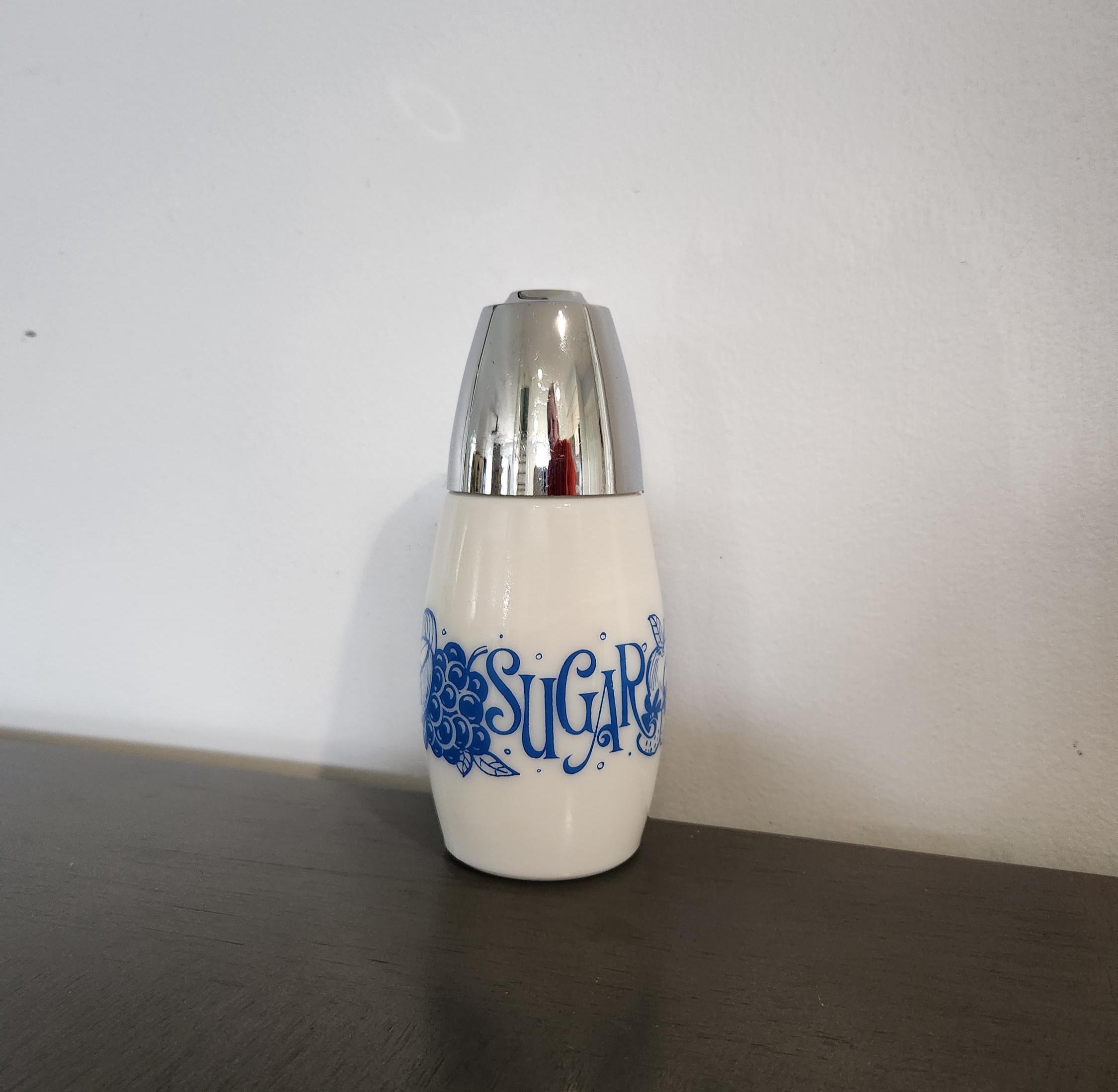 Gemco Sugar, Westinghouse Fruit design, Milk glass with plastic removable top Sugar pourer, vintage center hole pourer 6 inches tall