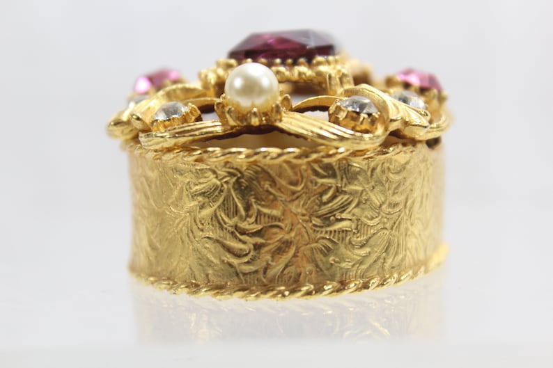Pink Florenza Trinket box with Purple White stones Gold tone metal Hollywood Regency Style Covered Trinket Box