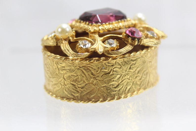 Pink Florenza Trinket box with Purple White stones Gold tone metal Hollywood Regency Style Covered Trinket Box