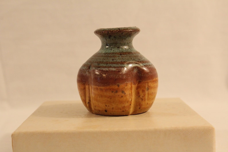 Tan red brown clay Art Pottery signed mini vase Found in Atlanta area Brown colors pottery vase Artist signed hand crafted clay Green