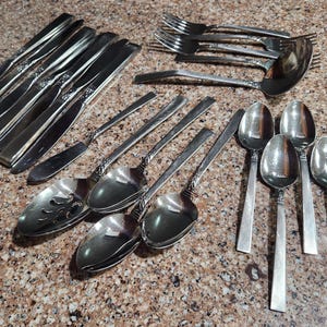 May include: A collection of stainless steel flatware including several dinner knives, forks, a serving ladle, a slotted spoon, and various sizes of spoons. The utensils feature a simple, polished finish with subtle decorative detailing on the handles.