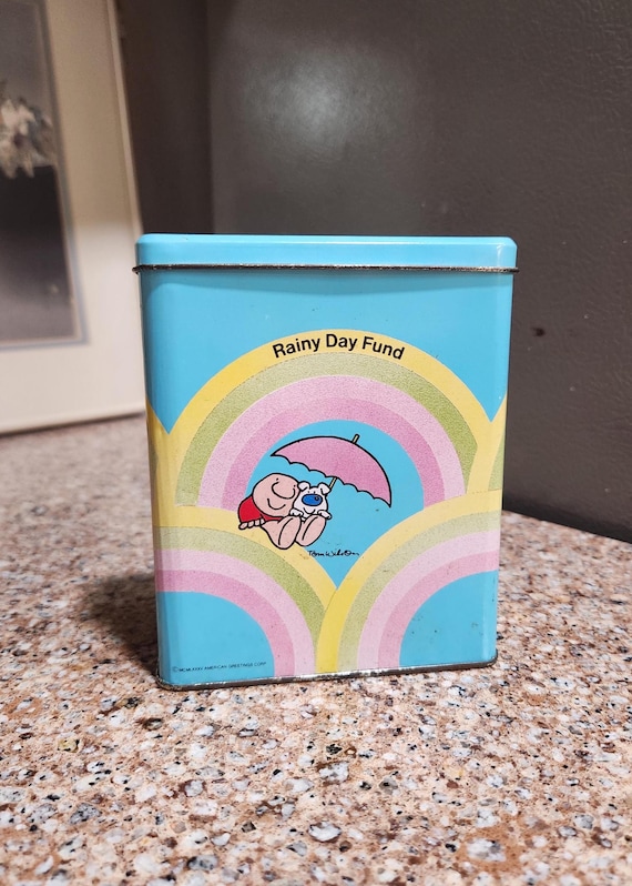 Ziggy, 1985 Rainy Day Fund, Flip top tin metal, Pop Culture coin bank