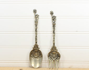 Montagnani style, Italy Metal Salad Serving Spoon & Fork Set, fork and spoon, Fork as is, Lion and staff top