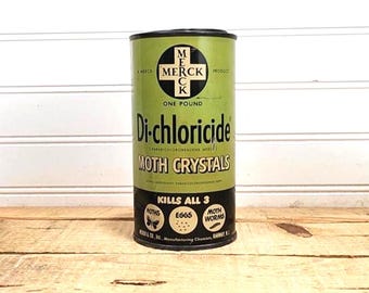 Merck Moth Crystals Tin: 1950s Old Advertising, Rahway NJ, Lithograph vintage container