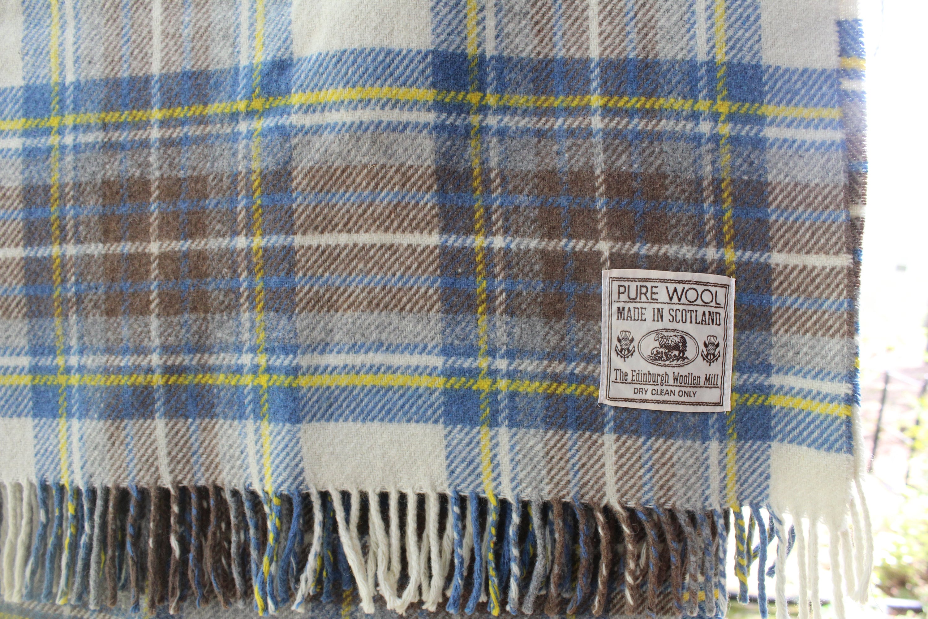Pure Wool Throw by in Scotland The Edinburgh Woollen Mill Dry Clean Only blue tan yellow white fringed Stadium Blanket 62 x 52