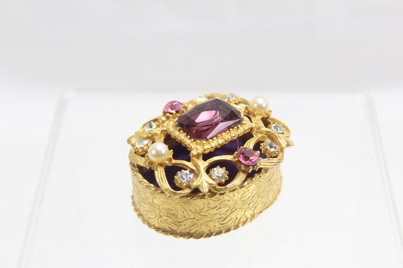 Pink Florenza Trinket box with Purple White stones Gold tone metal Hollywood Regency Style Covered Trinket Box