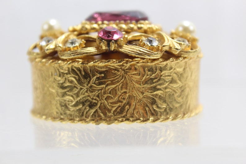 Pink Florenza Trinket box with Purple White stones Gold tone metal Hollywood Regency Style Covered Trinket Box