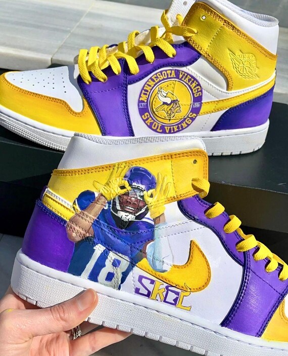 Hand-painted Minnesota Vikings Jordan 1 Mid, Custom Portrait Shoes Hand-painted Minnesota Vikings Jordan 1 Mid, Custom Portrait Shoes