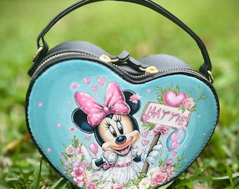 Custom Painted purse, heart shaped  Purse, Gift For Her, Disney Painted Purse, Disney Fanart, Minnie Mouse Purse