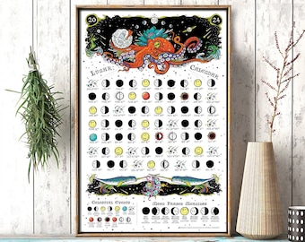 Lunar calendar 2024, Moon Phases 2024, Octopus print, Narwhal print, Lunar Calendar 2024, Moon phases, Space print