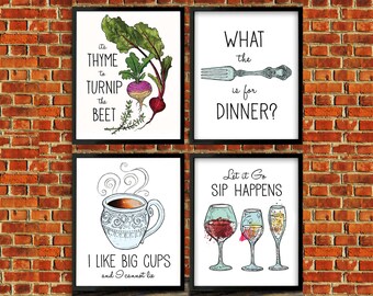 Kitchen art, Funny Kitchen Puns, Wine art, Coffee print, Illustrations