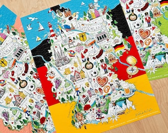 May include: A colorful illustrated map of Germany with the German flag colors red, yellow, and black. The map features various landmarks and symbols of Germany, including the Brandenburg Gate, the Neuschwanstein Castle, and the Oktoberfest beer tent. The map is titled "Germany" in German.