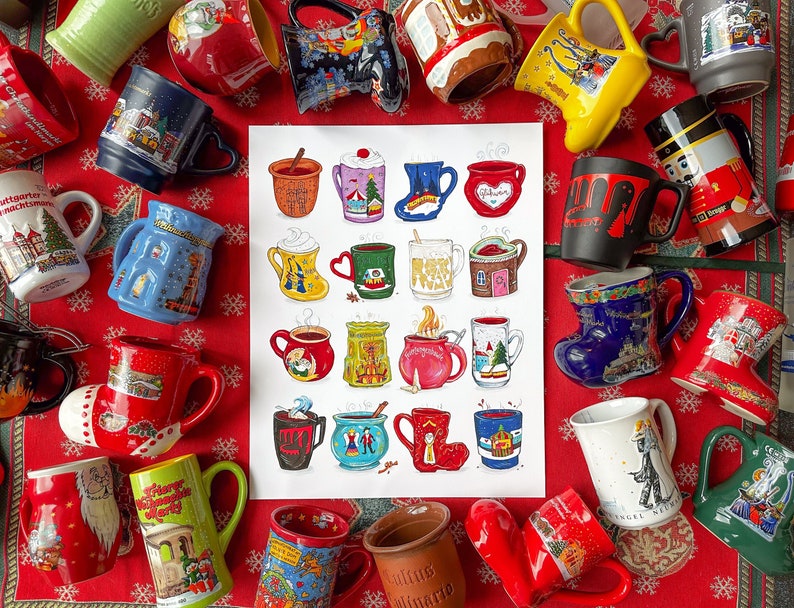 Glühwein mugs art print, German Christmas markets, Germany art, Germany gift image 8