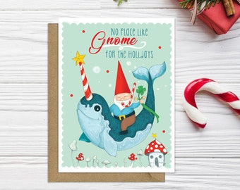 Carte de Noël Gnome, Noël de Narwhal, Carte de Narval, Carte de Vacances, Carte de Noël