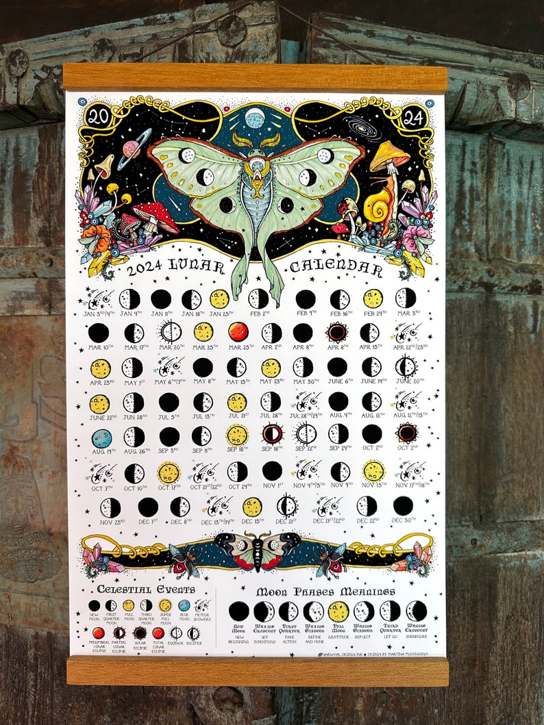 Moon Phases 2024, Lunar Calendar 2024, Moon phases, Space print image 10