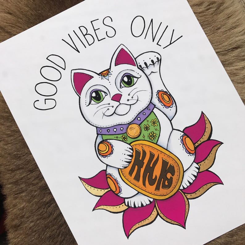 Good Vibes Only, Lucky Cat, Good Luck, Make Your Own Luck, Cat, Feeling Lucky, Maneki, Neko, Cat Lover Gift image 3