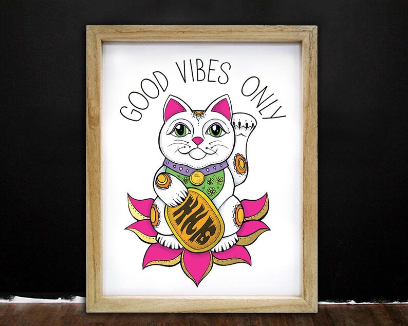 Good Vibes Only, Lucky Cat, Good Luck, Make Your Own Luck, Cat, Feeling Lucky, Maneki, Neko, Cat Lover Gift image 1