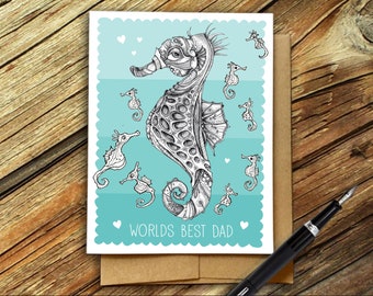 Fathers Day Card, Seahorse Fathers Day card, Worlds best dad, Scuba Diver card