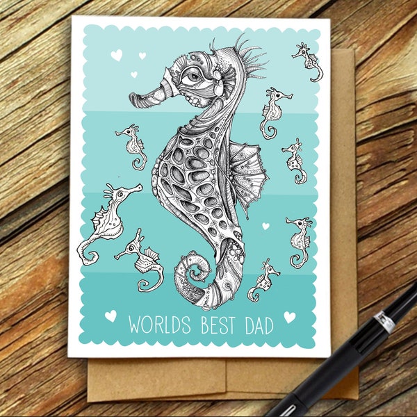 Fathers Day Card, Seahorse Fathers Day card, Worlds best dad, Scuba Diver card