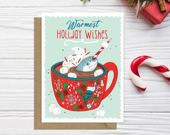Hot Cocoa Card, Carte narval, Carte de Vacances, Carte de Noël