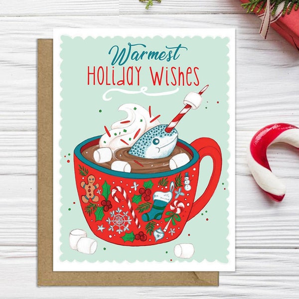 Hot Cocoa Card, Narwhal card, Holiday Card, Christmas Card