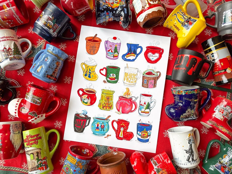 Glühwein mugs art print, German Christmas markets, Germany art, Germany gift image 3