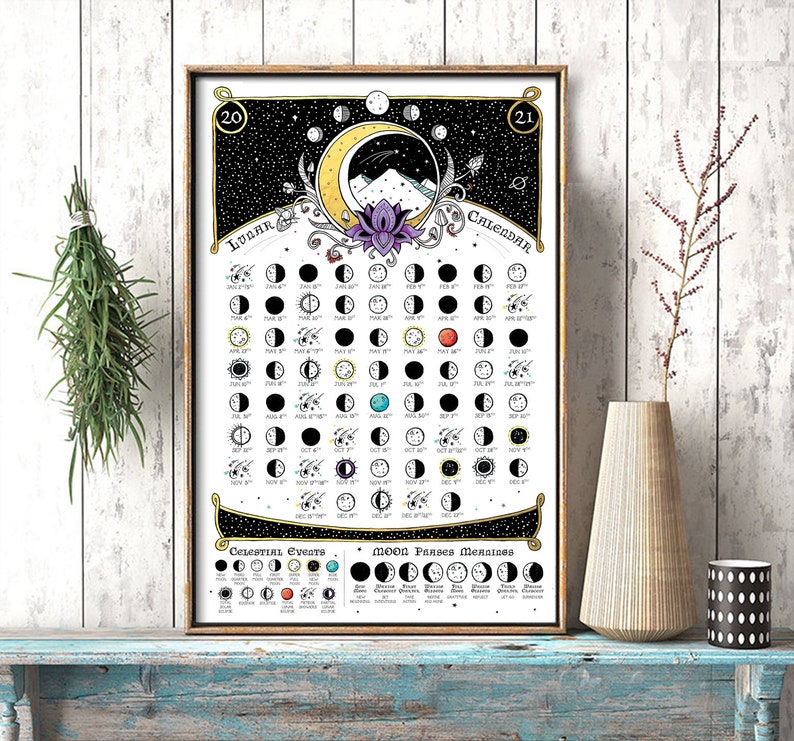 Lunar Calendar 2021 or 2020 Moon phases Space print | Etsy