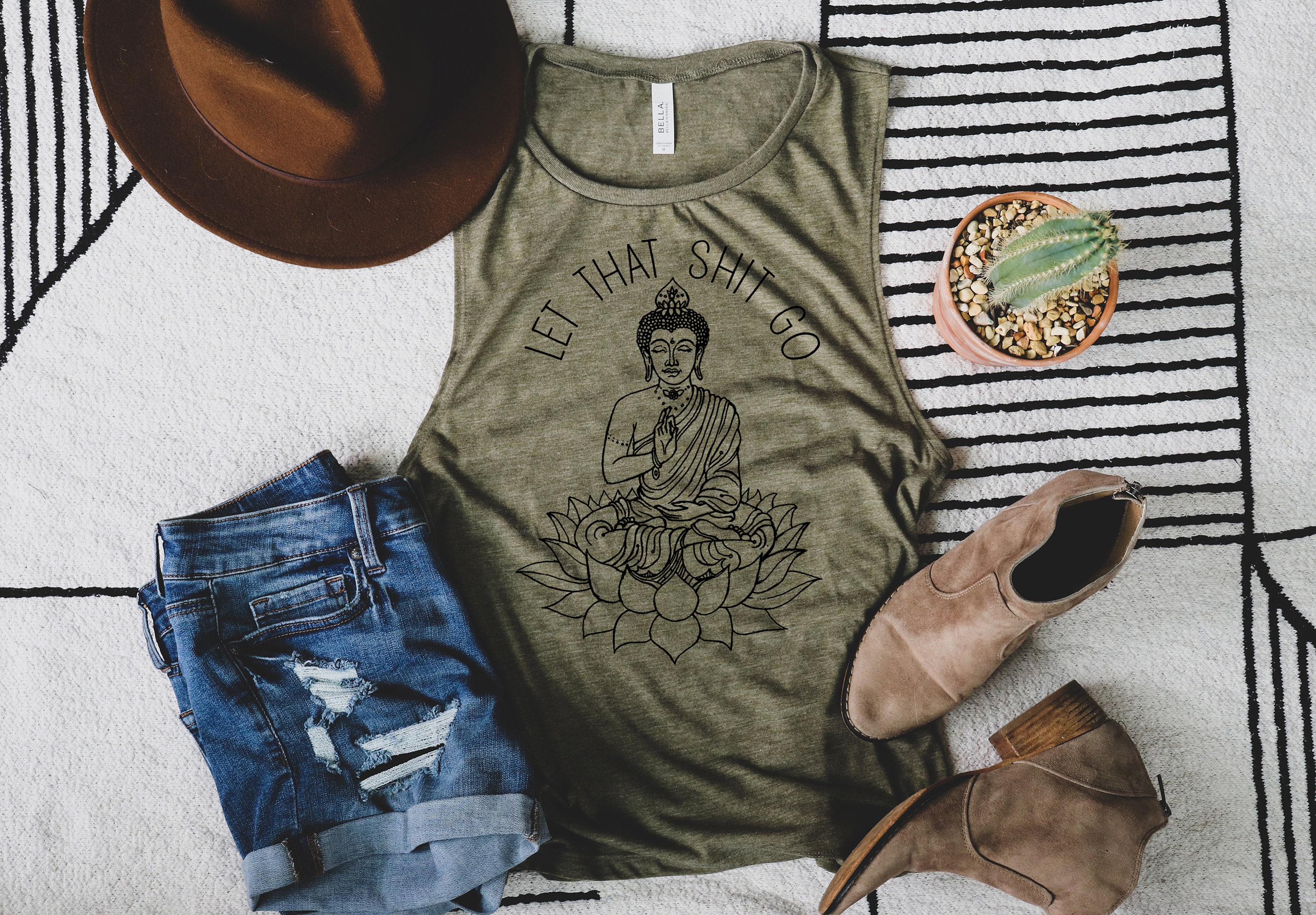 Let That Shit Go Yoga Tank Top - Spiritual Rocker Graphic Tee For Women With Om Symbol Design