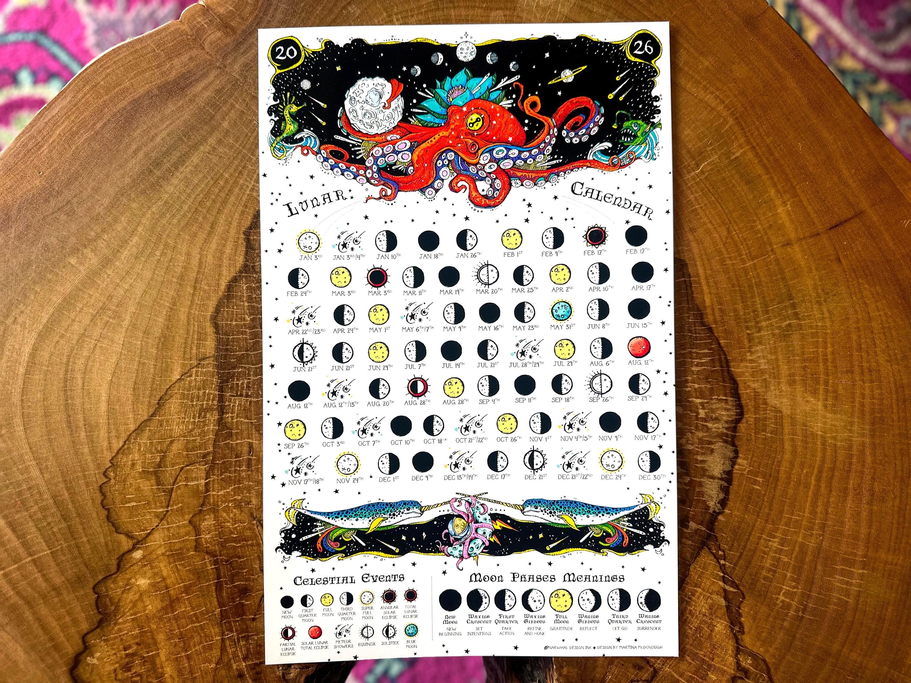 Lunar Calendar 2026, Moon Phases 2026, Dirty Heads, Octopus Print