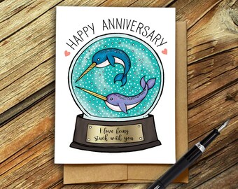 Anniversary narwhal card, I love being stuck with you, Narwhal, Stuck in a snowstorm with you, Narwhal gift