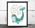 Narwhal, Whale art, Narwhal gift, Nautical wall decor,  nursery art, inspirational quote, awesome gift product logo