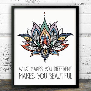 May include: A colorful mandala-style lotus flower with the text "What makes you different makes you beautiful".