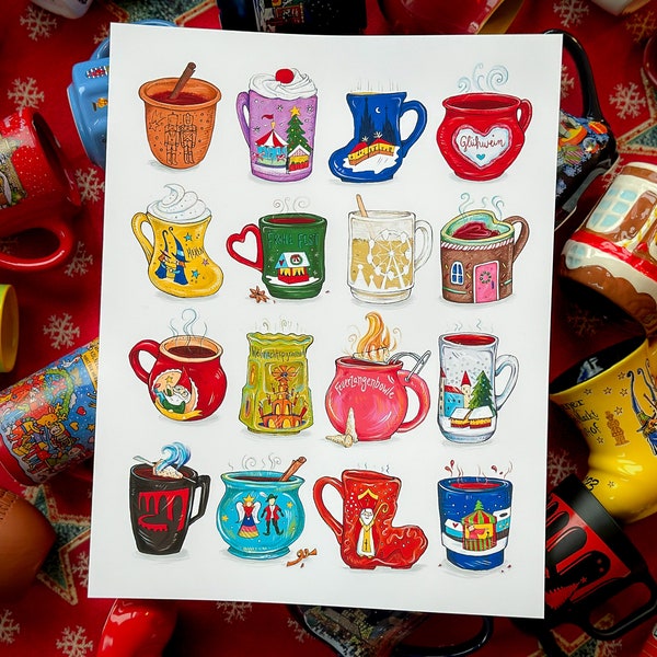 Impression d'art de tasses Glühwein, marchés de Noël allemands, art allemand, cadeau Allemagne