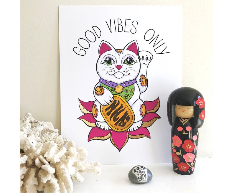 Good Vibes Only, Lucky Cat, Good Luck, Make Your Own Luck, Cat, Feeling Lucky, Maneki, Neko, Cat Lover Gift image 2