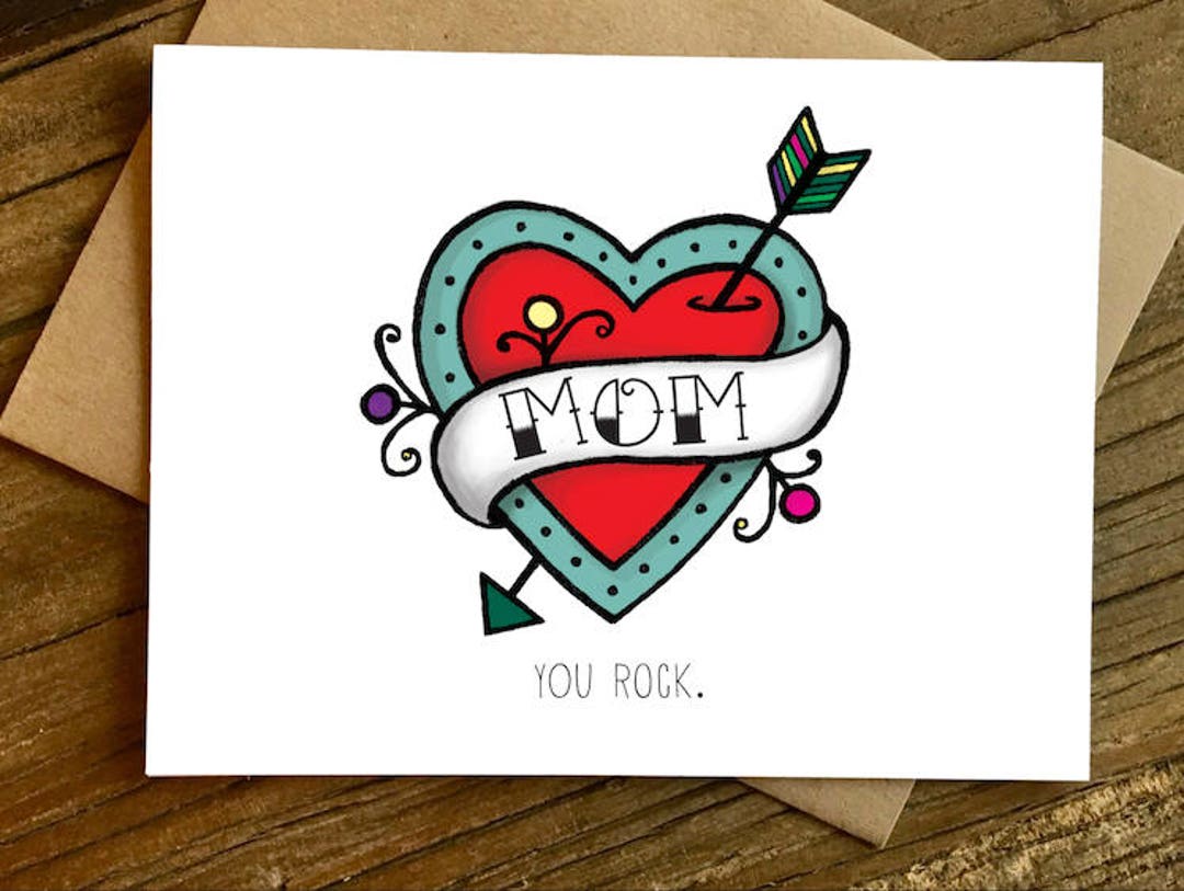 Mom Rocks Card Mothers Day Card, Mom You Rock, Tattoo, - Etsy