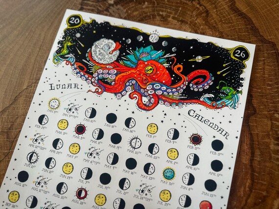 Lunar Calendar 2026, Moon Phases 2026, Dirty Heads, Octopus Print
