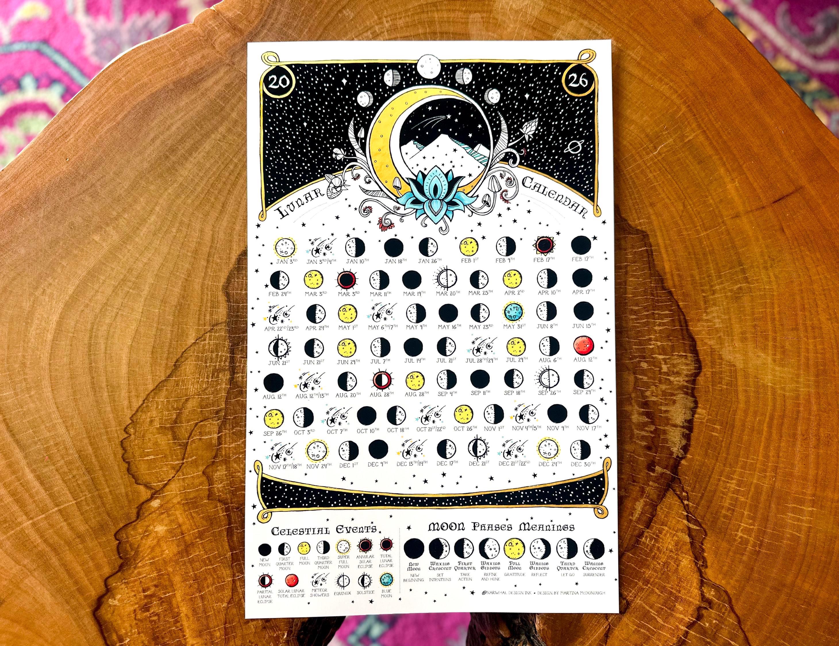Moon Phases 2026, Lunar Calendar 2026, Moon Phases, Space Print - Etsy