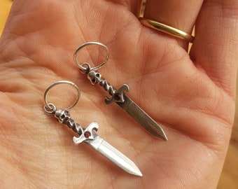 Skull & Dagger Earrings with Red Garnet stone, Handmade