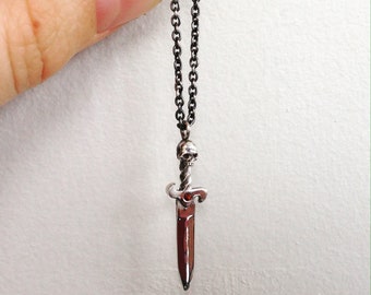 Red Garnet Dagger Necklace with Silver Chain, Handmade