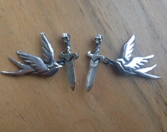 Swallow Cufflinks with Silver Dagger,  Handmade