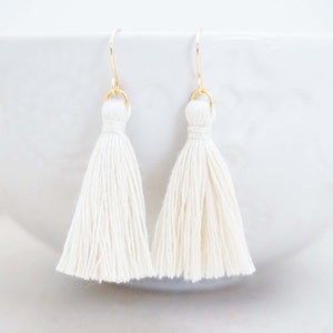 Cream White and Gold Tassel Earrings