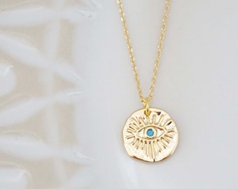 Glossy Gold and Blue Stone Evil Eye Necklace | Evil Eye Charm Necklace | Evil Eye Necklace