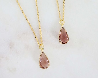 Dusty Rose Pink Mauve Teardrop Gem Necklace | Bridesmaid Necklaces | Wedding Jewelry | NMG7, NMS7