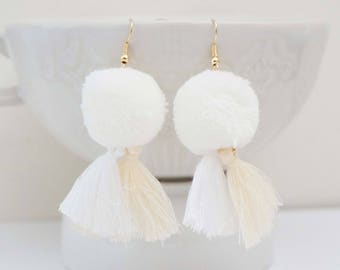 White and Cream Pom Pom Tassel Earrings