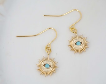 Gold and Blue Evil Eye Sunburst Earrings